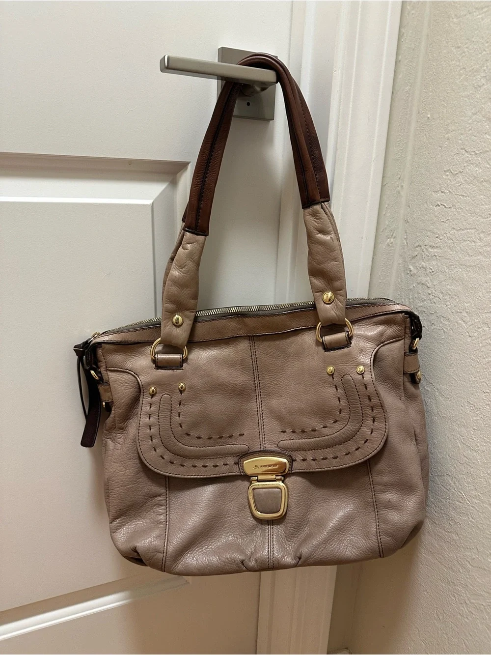 b. makowsky Vintage Taupe and Brown Leather Shoulder Bag with Gold Hardware
